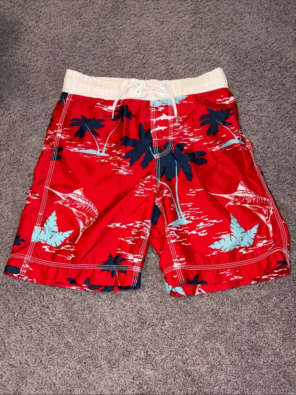 GAP Red Tropical Athletic Swim Shorts with Navy and Aqua Print
